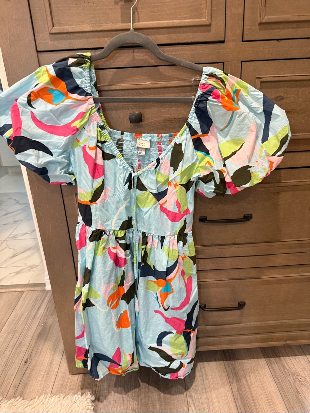 Light Blue Multi-Color Puff Sleeve Dress